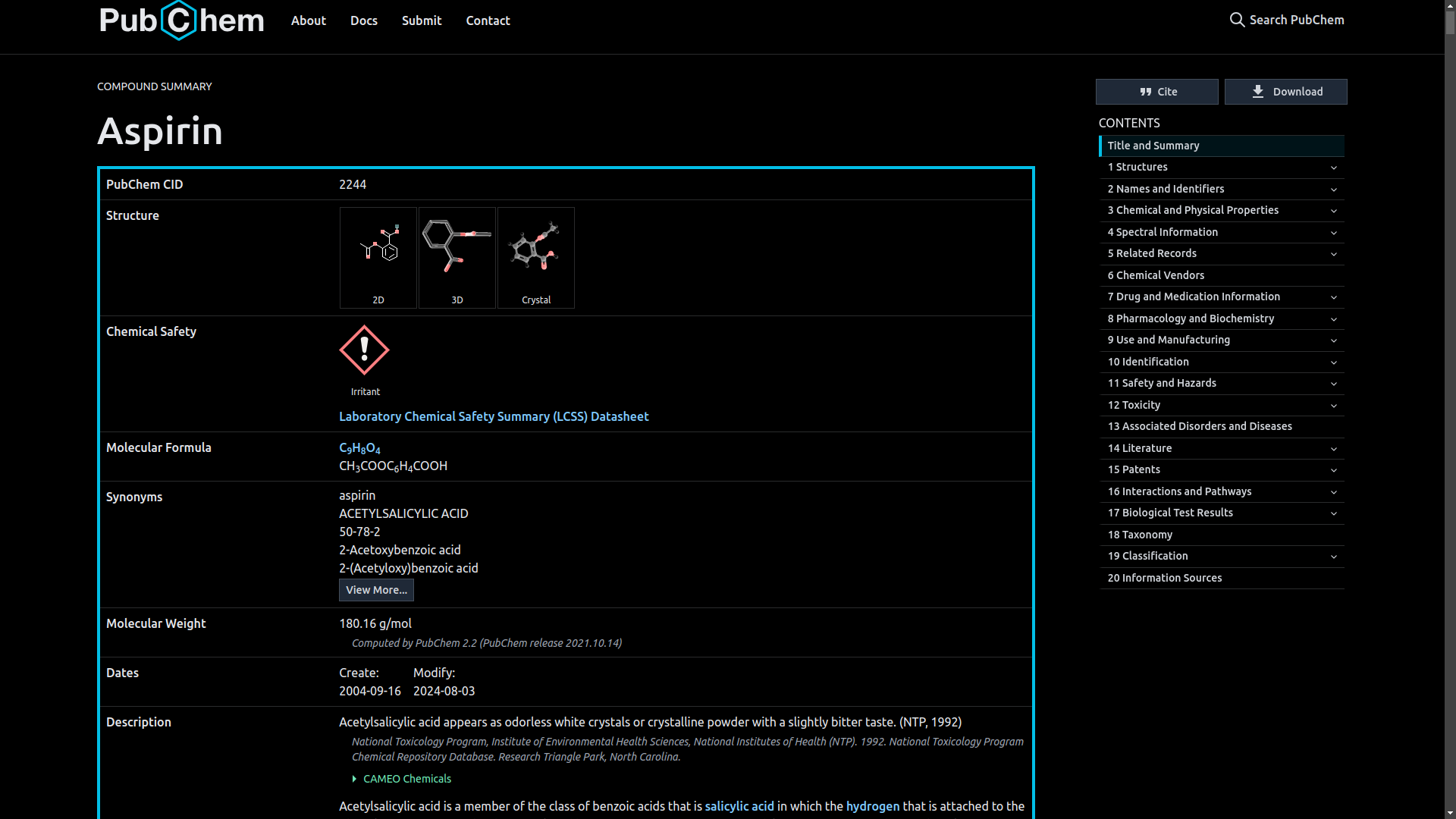 Aspirin Chemical Structure